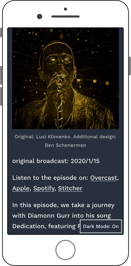 Episode page on mobile (dark mode)