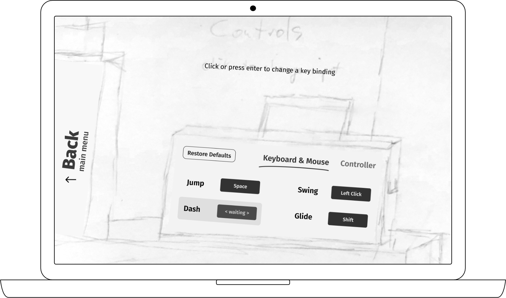 Early concept for controls menu (I planned for camera pans between views)